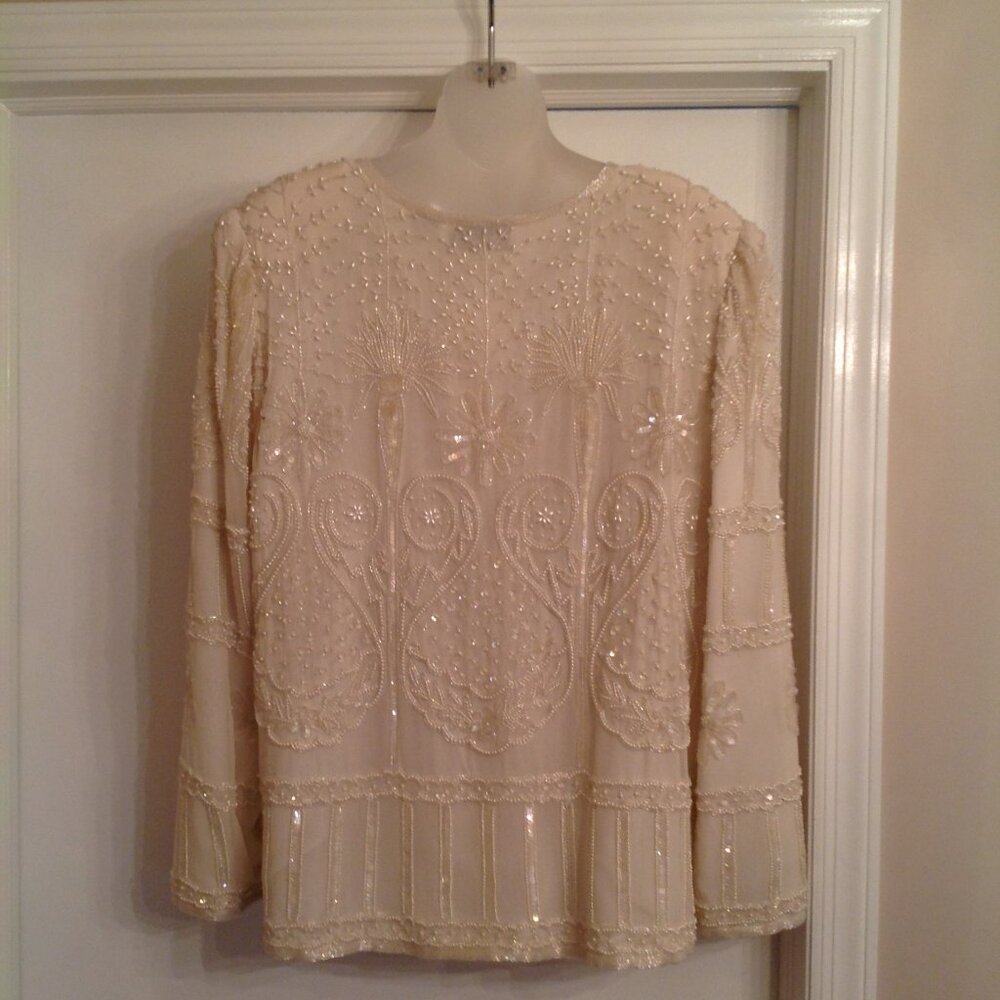 NWT Vintage Laurence Kazar Off White Creme Beaded Sequin Evening Jacket 1X - Picture 6 of 14